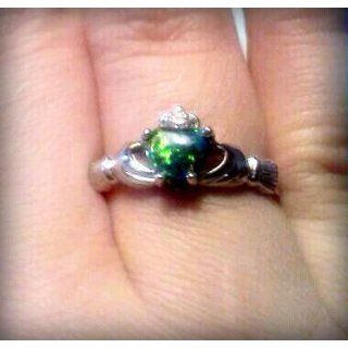 9MM 2ctw Sterling Silver OCTOBER EXOTIC BLACK OPAL MULTI COLOR BIRTHSTONE Claddagh Ring 4 10: Jewelry