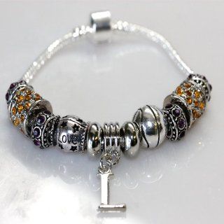 Lakers Theme Pandora Charm Style Bracelet with Basketball Charm,love Charm, Gold and Purple Crystal Charms (7.0 inches): Jewelry