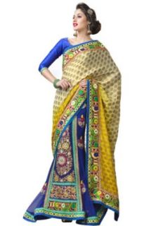 Deep Cream Yellow and Persian Blue Lehenga Style Saree in Small Size: Clothing