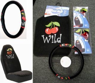 Wild Cherry Design 5pc Combo Set Front Floor Mats, Seat Covers & Steering Wheel Cover: Automotive
