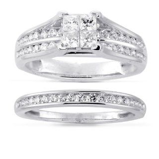 14k White Gold Princess Cut Quad Diamond Bridal Ring Set (1.00 cttw H I Color, I1 I2 Clarity), Size 6 Wedding Ring Sets Jewelry