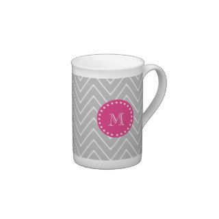 Hot Pink, Gray Chevron  Your Monogram Bone China Mug