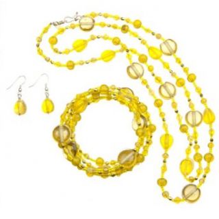 Yellow Glass Bead Necklace, Bracelet and Earring Set: Jewelry Sets: Clothing
