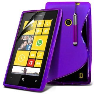 (Purple) Nokia Lumia 520 / 525 Protective S Line Hydro Wave Design Gel Case Cover Skin, Retractable Capacative Touch Screen Stylus Pen & 6 Pack LCD Screen Protector Guard By *Aventus* Electronics