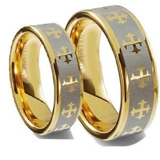 Men & Women 8MM/6MM Flat Gold Plated with Celtic Crosses Tungsten Carbide Wedding Band Ring Set (Available Sizes 5 14 Including Half Sizes) Please e mail sizes Jewelry