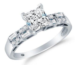 Solid 14k White Gold Highest Quality CZ Cubic Zirconia Engagement Ring   Princess Cut Solitaire with Round & Baguette Side Stones (1.75cttw., 1.0ct. Center)   Available in all ring sizes 4   13: Jewelry