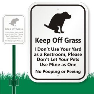 SmartSign Aluminum Sign, Legend "Keep Off Grass   Funny Dog Poop Message" with Graphic, 12" high x 9" wide sign plus 3' tall stake, Black on White: Keep Off The Grass Sign Dog: Industrial & Scientific