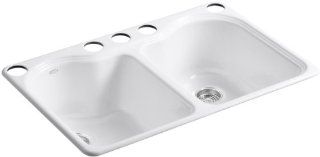 KOHLER K 5818 5U 0 Hartland Double Equal Undercounter Sink with Five Hole Faucet Drilling, White   Double Bowl Sinks  