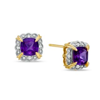 0mm Cushion Cut Amethyst and Diamond Accent Frame Stud Earrings in