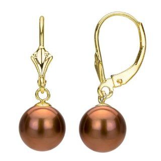 14k Yellow Gold with 9 10mm Roound Grey Cultured Freshwater Pearl High Luster Design Leverback Earring. Jewelry