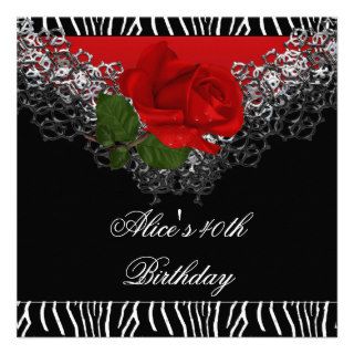 40th Birthday Lace Black White Wild RED Rose Personalized Invitation