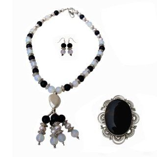 Small Glass and Metal Beaded Designer Necklace Earring Ring Set: Earring Necklace And Ring Sets: Jewelry