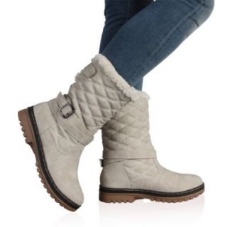 My1stWish Womens DD15 Quilted Ladies Faux Fur Grip Sole Winter Snow Boots Shoes Size 5 Light Grey: Shoes