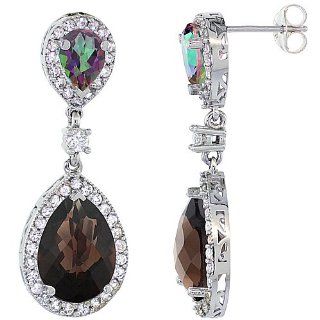 10K White Gold Natural Smoky Topaz and Mystic Topaz Tear Drop Earrings White Sapphire and Diamond Accents, 1 3/8 inches long Dangle Earrings Jewelry