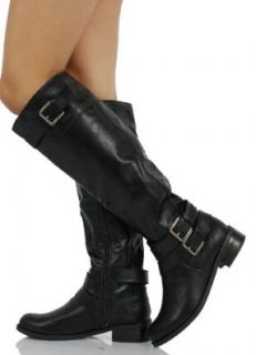 Black Faux Leather Buckle Knee High Riding Flat Boots Doric 6: Shoes