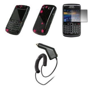 BlackBerry Bold 9700   Premium Hot Pink and Shimmer Stars Design Snap On Cover Hard Case Cell Phone Protector + Crystal Clear LCD Screen Protector + Rapid Car Charger for BlackBerry Bold 9700: Cell Phones & Accessories
