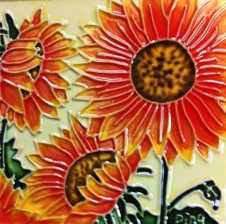Continental Art Center SD 003 4 by 4 Inch Three Sunflowers Ceramic Art Tile : Decorative Tiles : Patio, Lawn & Garden