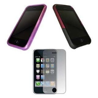 Premium Rubberized Slide On Cover Case (Rose Pink / Black) + Transparent Purple Gel Skin Ultra Guard Thermoplastic Polyurethane Cover Case + LCD Screen Protector for Apple iPhone 3G / 3G S: Cell Phones & Accessories