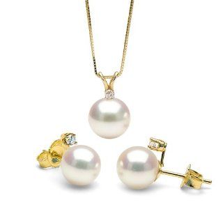 Cultured White Saltwater Japanese Akoya Pearl and Diamond Radiance Matching Pendant and Stud Earring Set, 7.0 7.5mm   AA+ Quality, 14K Yellow Gold: Jewelry