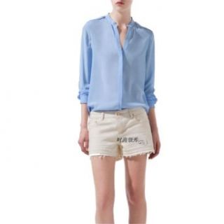 Zehui Women's Chiffon Blouse Long Sleeve Stand Collar Button Down Shirt at  Womens Clothing store
