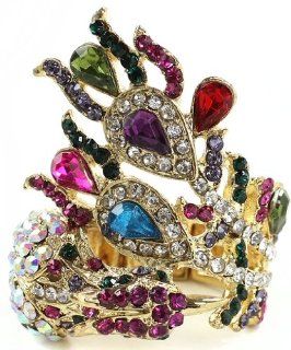 Fancy Gold Tone Colorful Pink, Green, Topaz, Purple, Red and Blue Crystal Peacock Feathers Ring   Adjustable Stretch Band: Right Hand Rings: Jewelry