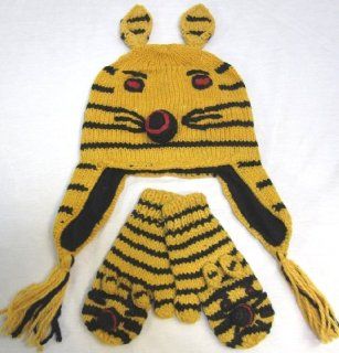 Alpaca KIDS TIGER Set Wool Fleeced Lined Hat Earflaps & Matching Gloves Mittens : Cold Weather Gloves : Sports & Outdoors