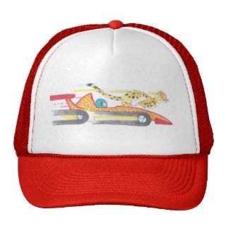 Cartoon Cheetah Cub Running a race vs a racing car Hats