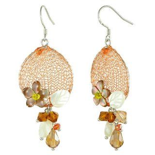 Pearl Shell & Crystal Flower Bouquet Accent Orange Silver Mesh Oval Dangle Earrings Jewelry