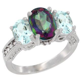 14K White Gold Natural Mystic Topaz Ring Ladies 3 Stone 8x6 Oval with Aquamarine Sides Diamond Accent, sizes 5   10 Jewelry