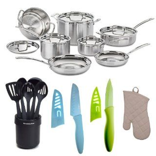 Cuisinart MCP 12N MultiClad Pro Stainless Steel 12 Piece Cookware Set + KitchenAid Cook's Ceramic Crock With Tools Set, Black + Two Knives + Oven Mitt Bundle Kitchen & Dining