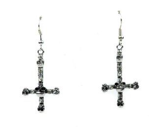 Silver Inverted Cross Skull Gothic Earrings: Jewelry