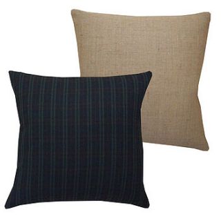 navy tartan cushion with jute sacking back by acacia design