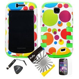 4 items Combo: ITUFFY LCD Screen Protector Film + Mini Stylus Pen + Case Opener + Blue Green Orange Purple Polka Red Yellow Colorful Dots Design Rubberized Hard Plastic + GREEN Soft Rubber TPU Skin Dual Layer Tough Hybrid Case for Straight Talk Samsung Gal