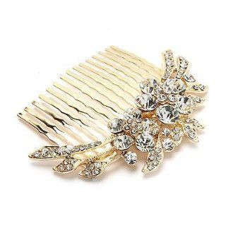 Bridal Wedding Jewelry Crystal Rhinestone Duo Flowers Hair Comb Pin Gold : Decorative Hair Combs : Beauty