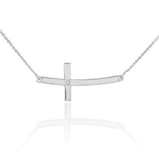 14k White Gold Trendy Sideways Curved Diamond Cross Necklace (18 Inches): Jewelry