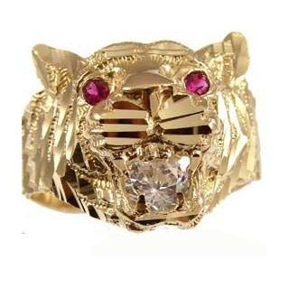 14k Yellow Gold, Tiger Face Design Ring Sparkly Cuts and Brilliant Lab Created Gems for Men Guy Gent Man: Jewelry