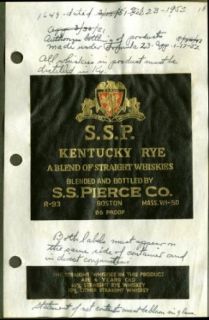S S P Kentucky Rye Whiskey label S S Pierce 1952: Entertainment Collectibles