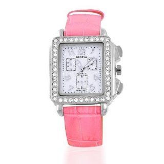 Bling Jewelry Geneva Square Deco Pink Leather Strap Watch: Jewelry