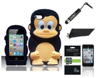 (4 Item Combo) Black 3D Monkey Soft Silicone Skin Case Apple iPod Touch 4 4th Generation Gen Cell Phones & Accessories