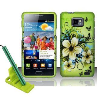 5pcs combo for AT&T Samsung Galaxy S2 S II SGH i777 Green Hawaiian White Flower Butterfly Rubberized Snap on Hard Cover Shield Case + Aluminum capacitive stylus pen + adjustable mini phone stand + lcd screen protector film + case opener: Cell Phones &a
