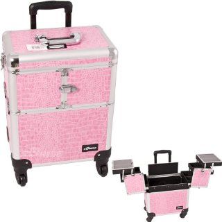 21 inch Pink Crocodile Interchangeable E Series 360 Rotation Aluminum 3 Extendable Tier Train Case Cosmetic Storage Organizer Professional Makeup Artist Wheeled Luggage : Beauty