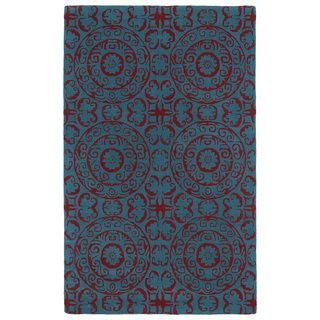 Hand tufted Runway Peacock Blue/ Red Suzani Wool Rug (8x11)
