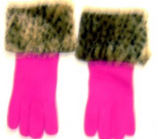 Fushia Color Angora Wool Gloves Hand Trimmed with Fluffy Leopard Print Fur Cuff for Women and Teens at  Womens Clothing store