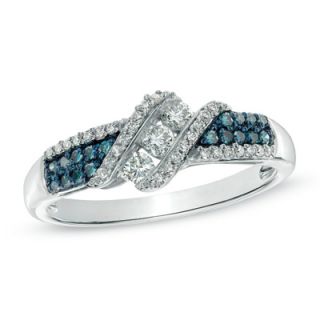 CT. T.W. Enhanced Blue and White Diamond Three Stone Slant Ring in