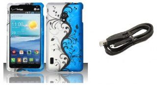 LG Lucid 2 VS870   Accessory Combo Kit   Black Midnight Vines on Blue and Silver Design Shield Case + Atom LED Keychain Light + Micro USB Cable: Cell Phones & Accessories