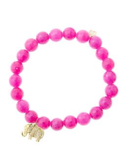 8mm Faceted Fuchsia Agate Beaded Bracelet with 14k Gold/Diamond Small Elephant