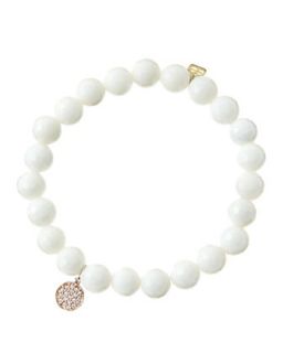 8mm Faceted White Agate Beaded Bracelet with Mini Rose Gold Pave Diamond Disc