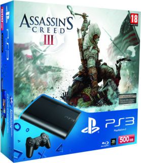 PS3: New Sony PlayStation 3 Slim Console (500 GB)   Black   Includes Assassins Creed 3      Games Consoles
