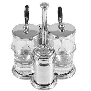 Modern 4 Piece Stainless Steel Tabletop Salt and Pepper Condiment Dispenser Organizer Caddy Set Condiment Pots Kitchen & Dining