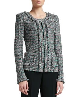 Womens Donegal Plaid Tweed Knit Jacket with Patch Pockets and Fringe   St.